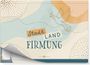 Text: "Stadt, Land, Firmung." Eine Illustration mit einer Taube, die einen Olivenzweig trägt. Pastellfarben dominieren.