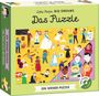 Text: "Das Puzzle", "Ein Wende-Puzzle", "Zwei Puzzles in einem". Illustration mit berühmten Figuren in verschiedenen Outfits.