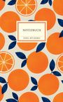 „NOTIZBUCH INSEL-BÜCHEREI“ in einem weißen Rahmen. Illustration mit Orangen und dunkelblauen Blättern.