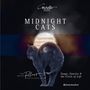 Text: "MIDNIGHT CATS", "THE MUSES' FELLOWS", "MONIKA MANDELARTZ", "Songs, Fancies & the Circle of Life". Eine Katze mit Galaxie.