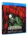 Text: "FRANKENSTEINS UNGEHEUER." Illustration: Grüne Kreatur, Mann und Frau in Angst auf rotem Hintergrund.