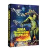 „Guila, Frankensteins Teufelsei“. Illustration: Großer grüner Monster, Raumschiff, Astronaut, Vulkan, Explosion im Hintergrund.