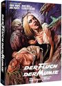 "Der Fluch der Mumie", Schauspielerliste, Frau in Angst von Mumie und Monsterhand bedroht. Illustration im Horrorstil.