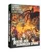 Text: "Die Rache der schwarzen Spinne". Eine riesige Spinne über einer Stadt, Menschen in Panik flüchten. Retro-Illustration.