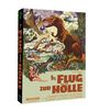Text: "Der Flug zur Hölle". Illustration eines Dschungels mit Dinosauriern und einem Helikopter.