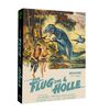 Text: "Der Flug zur Hölle." Illustration zeigt Menschen im Dschungel, Dinosaurier und Helikopter. Abenteuerliches Szenario.