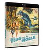 "Der Flug zur Hölle" in blauen Buchstaben. Illustration: Ein Mensch mit Gewehr, Frau und Dinosaurier in einem Dschungel.