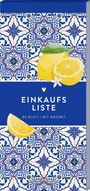 EINKAUFSLISTE, 80 BLATT MIT MAGNET. Oben Zitrone und Muster, unten Keramikfliesen-Design in Blau und Weiß.