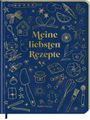 Texte "Meine liebsten Rezepte", "Hölker Verlag". Goldene Backutensilien auf dunkelblauem Hintergrund mit festlichen Symbolen.