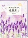 "MEINE LIEBSTEN REZEPTE" und "Hölker Verlag". Aquarell mit lila Lavendelblumen, Schmetterlingen und gelben Punkten.