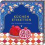 "Küchen Etiketten für Gläser & Flaschen" in gelb auf blauem Hintergrund, umrahmt von floralen Mustern und einem Granatapfel.