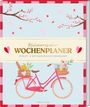 „Kulinarischer Wochenplaner“; Illustration von Fahrrad, Kirschblüten, Herzmotiven, rotes Karo.