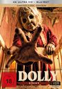 Texte: "4K ULTRA HD™ + BLU-RAY™", "LIMITED 2-DISC-EDITION", "DOLLY", "UNCUT", "FSK ab 18", "HDR". Eine Puppe mit Rissen greift aus einem Gitterbett heraus.