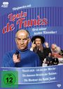 Filmjuwelen mit Louis de Funès. Drei seiner besten Klassiker: "Hasch mich - ich bin der Mörder", "Die dummen Streiche der Reichen", "Die Abenteuer des Rabbi Jacob". FSK ab 12 freigegeben. Vordergrund: Ein Mann in blauem Pullover mit ernstem Gesichtsausdruck und ausgestreckter Hand. Hintergrund mit verschiedenen humorvollen Szenen.