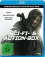 Oben: "3 FANTASTISCHE SCI-FI-HITS AUF 3 BLU-RAYS!", Filme: "Coma", "Guardians", "Weltengänger". Mann mit Kapuze und Waffe.
