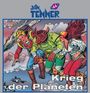 JAN TENNER 44, Krieg der Planeten. Drei Figuren fliegen: Mensch, Stierkopf-Wesen, Frau mit Helm. Wolken, Raumschiff im Hintergrund.