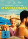 „Maspalomas“, Filmtitel in Gelb. Ein Mann in lila Shirt am Strand, warmes Licht, blaue und gelbe Farben. FSK 16-Logo.