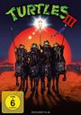 Großer, grüner Text "Turtles III". Vier maskierte Figuren auf Pferden vor rotem Sonnenuntergang. Text "Restauriert in 4K".