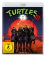 „TURTLES III“ und „RESTAURIERT IN 4K“. Vier anthropomorphe Schildkröten auf Pferden vor einem roten Sonnenuntergang.