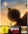 „4K ULTRA HD + BLU-RAY”, „COYOTE VS ACME”, „HDR”. Zeichnung: Kojote rollt große Bombe Hügel hoch, Vogel beobachtet.