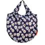 Schwarze Tasche mit buntem Blumenmuster und orangefarbenem Etikett.