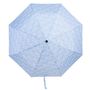 Ein Regenschirm von oben, hellblau mit zartem Blumenmuster.