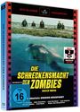 „Die Schreckensmacht der Zombies“, gelber Text über Wasser und Zombies. Blauer FSK 16 Sticker.