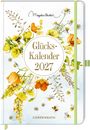 "Glücks-Kalender 2027" steht in der Mitte. Florales Motiv mit gelben und orangen Blumen, Bienen, und grünem Band.