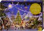 "Puzzle-Adventskalender, ca. 20 Teile pro Tag, 500 Teile." Eine winterliche, beleuchtete Tierweihnachtsszene voller Aktivitäten.