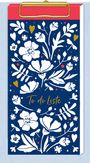 Text: "To do Liste". Hintergrund in Blau, weiße Blumen- und Blätterillustrationen mit goldenen Herzen und roten Punkten.
