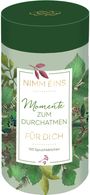 "NIMM EINS", "Momente zum Durchatmen", "FÜR DICH", 100 Spruchkärtchen; grüne Blätter auf einer zylindrischen Verpackung.