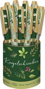 "Kugelschreiber" in eleganter Schrift auf einem grünen Halter, verziert mit Blättern und Blumenmuster.