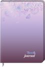 Text: "Book journal". Oben florales Muster mit Schmetterlingen, pastell-lila Hintergrund.