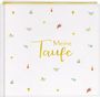 Text: "Meine Taufe". 
Hintergrund: Weiße Fläche mit kleinen Symbolen wie Kerzen, Tauben, Sternen und Segelbooten.