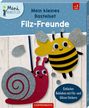 "Mein kleines Bastelset Filz-Freunde." Biene und Schnecke aus Filz glitzern. Ab 3 Jahre. Mini Künstler Logo.