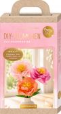 Text: "DIY-Blümchen aus Krepppapier. Inhalt: Krepppapier, Stiele, Falzbein, Kleber und Schablonen." 

Verpackung mit bunten Blumen.