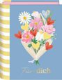 Text: "Für dich". Illustration eines Blumenstraußes mit Herzen auf blauem Hintergrund. Links gelb-weiß gestreift.