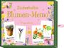 „Zauberhaftes Blumen-Memo“ in goldener Schrift vor rosa Hintergrund. Bunte Blumenkarten, darunter „Blauer Krokus“ und „Kapuzinerkresse“.