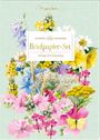 "Schöner Schreiben Briefpapier-Set: 20 Bogen & 10 Umschläge." Illustration bunter Blumen vor grünem Hintergrund.