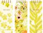 Links "NOTES" auf gelbem Hintergrund mit grünen Blumen. Mitte: Bunter Blumendruck. Rechts "NOTES" mit gelbem Blattmuster.