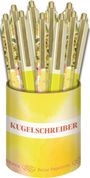Text: "KUGELSCHREIBER". Eine gelbe Verpackung mit mehreren bunten Kugelschreibern darin.