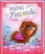 "meine Freunde" in bunten Buchstaben, darunter ein wolliges Pony auf einer bunten, märchenhaften Wiese.