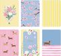 Texte: "Notes". Sechs Notizbuch-Cover mit Blumen, Hunden und Mustern in bunten Farben und Blumen.