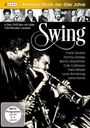 Text: "Swing", "Amerikas Musik der 40er Jahre", "Frank Sinatra", "Tommy Dorsey". Illustration von Musikern mit Instrumenten.