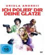 "Ursula Andress, Ich polier' dir deine Glatze". Drei Figuren: Mann mit Pistole links, Frau in Fell, Mann mit Pistole rechts. FSK 16.