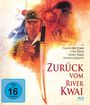 „Zurück vom River Kwai“ mit Timothy Bottoms; Illustration eines Soldaten mit Schwert, Explosionen und japanischer Flagge.