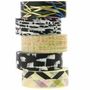 Sechs bunte Klebebandrollen mit verschiedenen Mustern; geometrische, abstrakte und tierartige Designs.