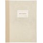 "Notebook" mit gepunktetem Muster und beiger Seite, Text: "Lay Flat Binding, Dotted Pages, Bamboo Paper, 80 Pages, 145 x 195 mm".