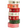 Bunte Washi-Tape-Rollen mit goldenen Mustern: Sterne, Herzen und Punkte in Rot, Weiß, Grün, Rosa.