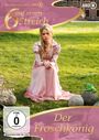 „6 auf einen Streich“, „Der Froschkönig“, „FSK ab 0“. Eine Frau in rosa Kleid sitzt im Gras neben einem Frosch auf einem Stein.